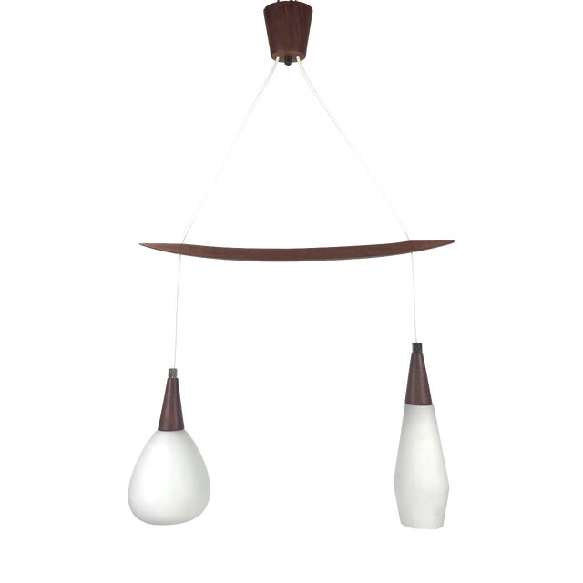 Mid-Century Modern Scandinavian Teak and White Glass Double Pendant Light, 1960s For Sale
