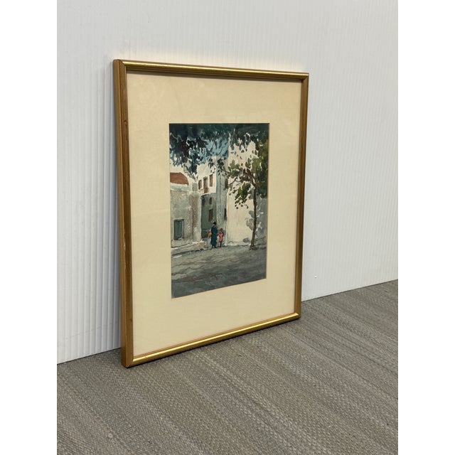 Design Plus Gallery presents a Watercolor Artwork of Plein Air Scenery. The artwork depicts a sunlit European or...