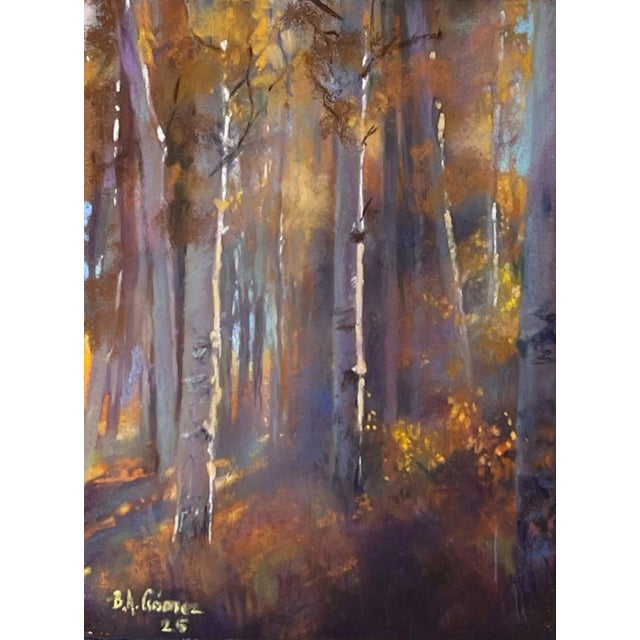 This pastel work captures a serene moment in Kebler Pass, showcasing a forest of aspen trees glistening after rain. The...