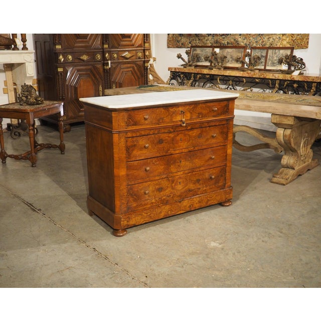 French Antique French Burl Walnut Louis Philippe Style Commode White Carrara Marble Top, Late 1800s For Sale - Image 3 of 18