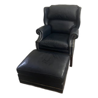 Hancock & Moore Blue Royal Leather Wingback Chair With Ottoman For Sale