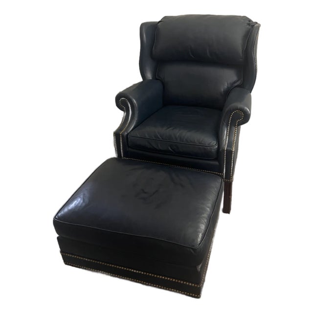 Hancock & Moore Blue Royal Leather Wingback Chair With Ottoman For Sale