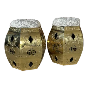 1970’s Asian Chinoiserie Regency Brass Hexagonal Pierced Garden Stools-Pair