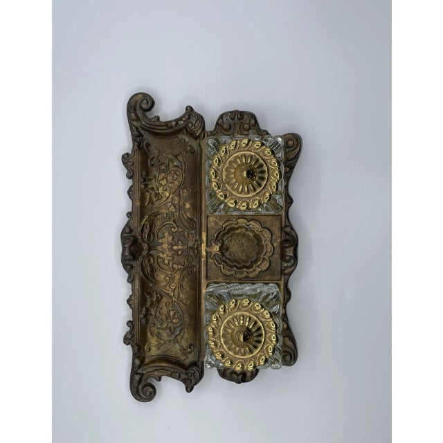 Victorian Antique Victorian Double Inkwell Desk Set – Glass Bottles With Brass Lids & Ornate Stand For Sale - Image 3 of 7