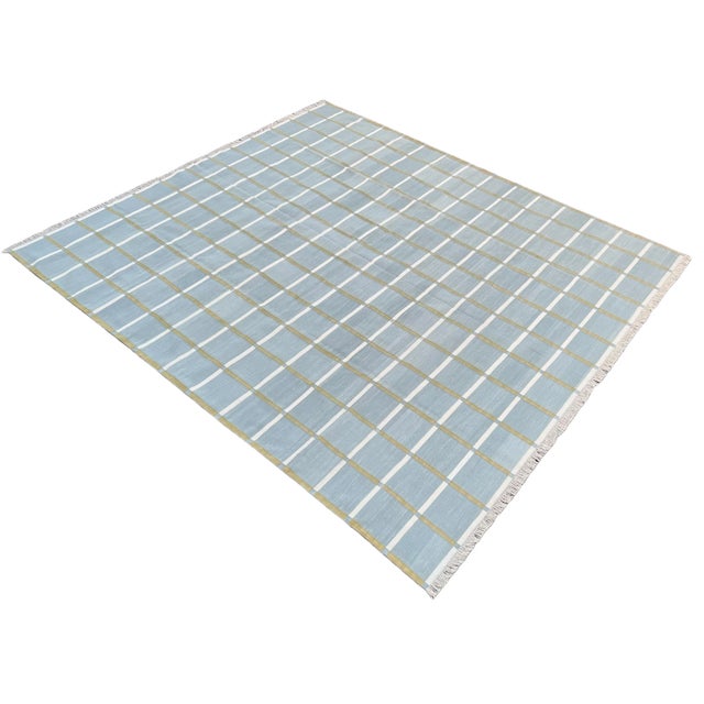 Handmade Cotton Natural Vegetable Dyed Gray, Cream & Olive Green Windowpane Rug - 9'x12' For Sale - Image 11 of 11