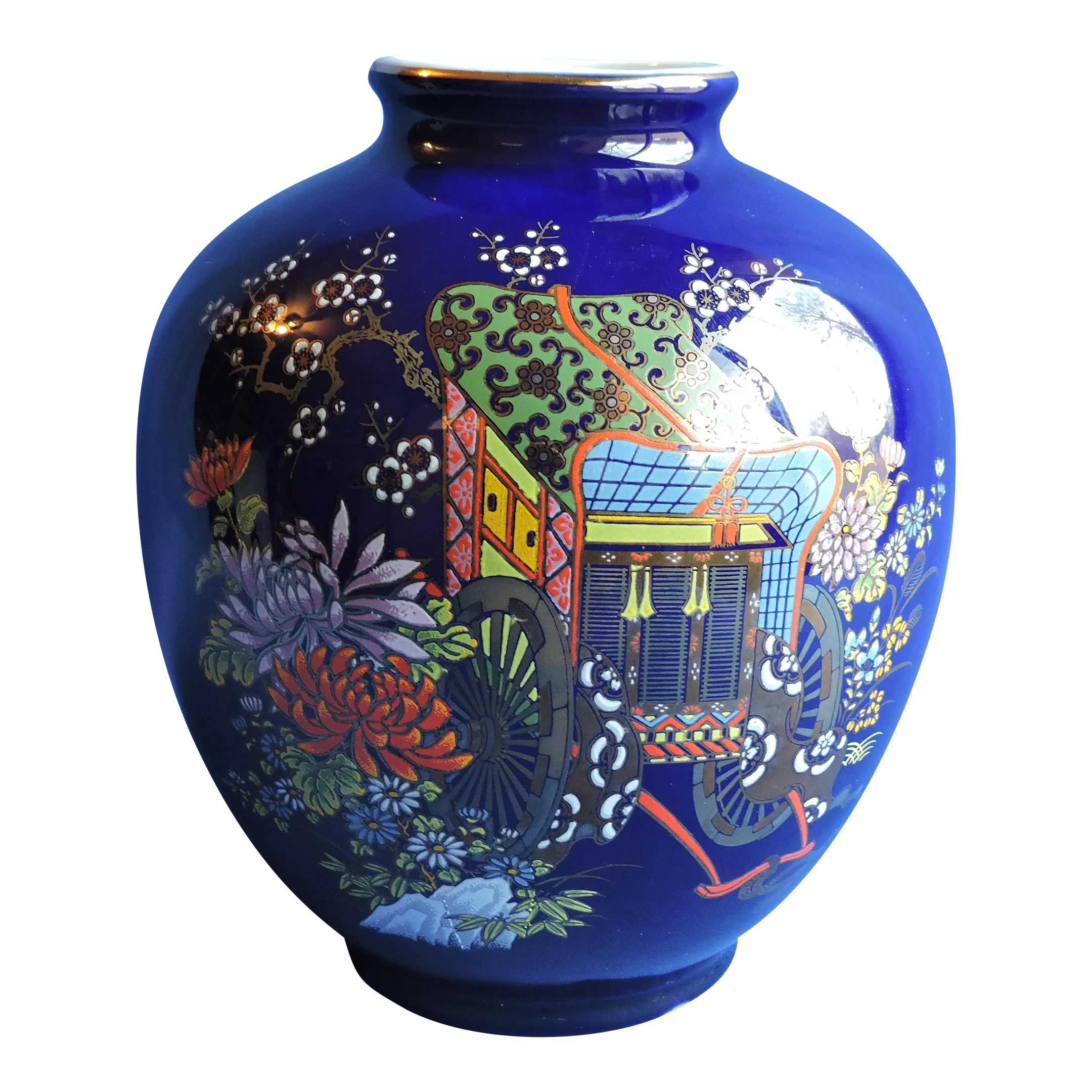 1960's Kutani Ware Japanese Cobalt Porcelain Round Vase