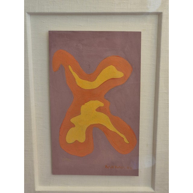 Modernist abstract gouache painting on paper of biometric forms presented under glass in an impressive wood frame.