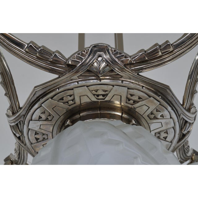 Silver Degue French Art Deco Chandelier 1930s - 5 Geometric Frosted Glass Shades For Sale - Image 8 of 11