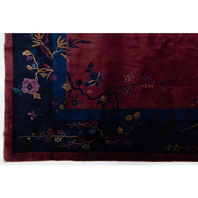 Burgundy Antique Chinese Art Deco Rug in Deep Burgundy Plum With Floral & Bird Border For Sale - Image 8 of 12