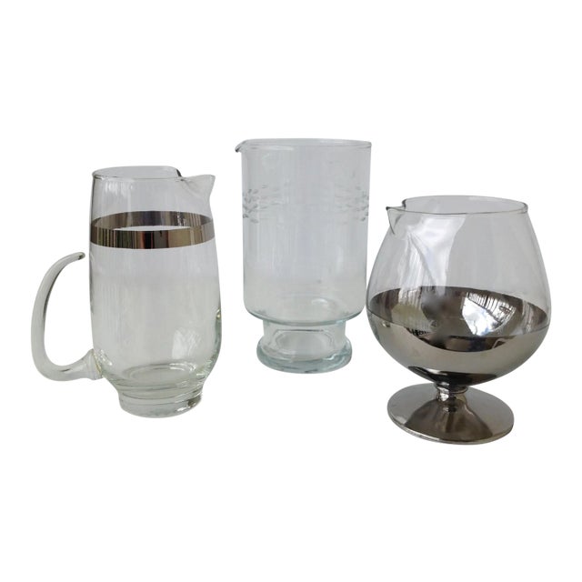 Vintage Mid-Century Assorted Glass & Silver Cocktail Mixers - Set of 3 For Sale