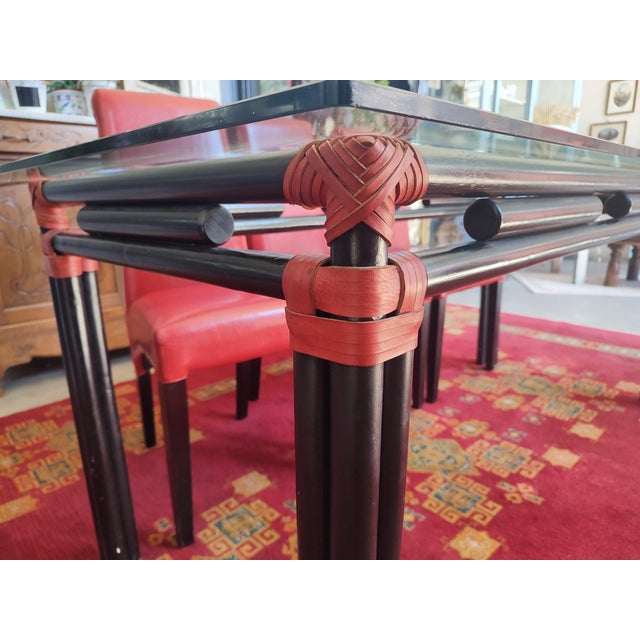 Wood Black Lacquered Bamboo-Style Table with Glass Top and Red Leather Woven Straps, 1980s For Sale - Image 7 of 9