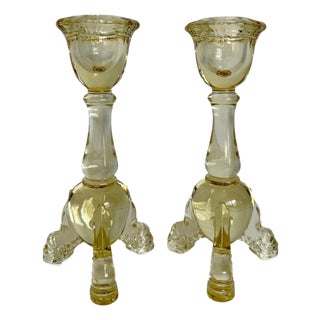 Pair of Depression Era Heisey Empress Sahara Yellow Glass Dolphin-Toe Candlesticks For Sale