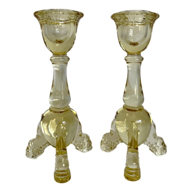 Pair of Depression Era Heisey Empress Sahara Yellow Glass Dolphin-Toe Candlesticks For Sale