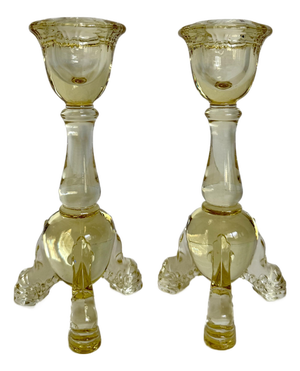 Pair of Depression Era Heisey Empress Sahara Yellow Glass Dolphin-Toe Candlesticks