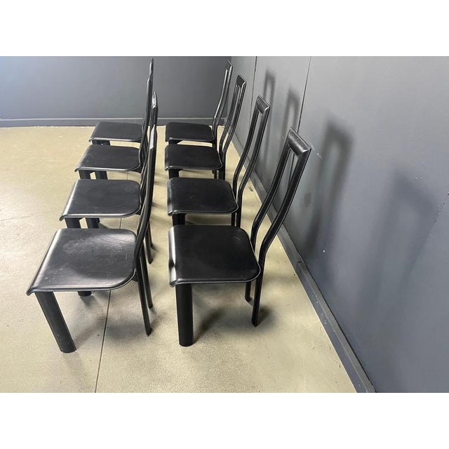 Italian Model Regia Dining Chairs by Antonello Mosca for Ycami. Black aluminum frames with black leather seats. Timeless...