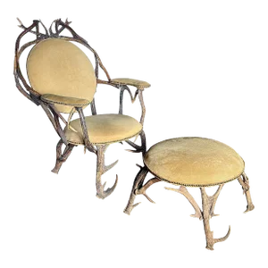 Large Black Forest 19th Century Antler Arm Chair and Ottoman
