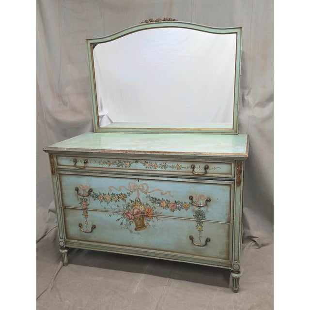 An absolutely stunning antique and rare circa 1900 French mahogany dresser with three drawers that was professionally hand...