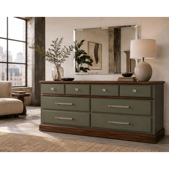 Restored 1960s American Solid Wood Dresser With Frameless Beveled Mirror | Old Chapel Sagewood™ Finish For Sale - Image 4 of 7