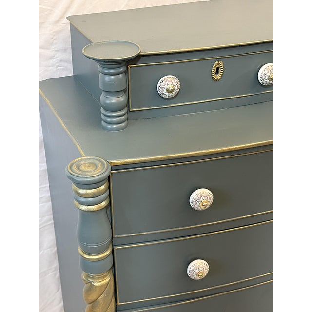 Wood Antique Sheraton Style Bowfront Chest of Six Drawers With Locks and Key, New Paint and Knobs For Sale - Image 7 of 18