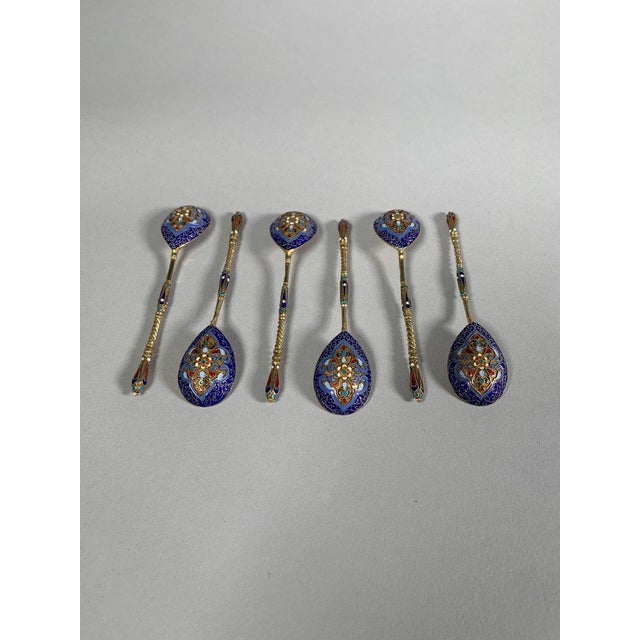 Art Nouveau 19th Century Enamelled Silver Spoons - Set of 6 For Sale - Image 3 of 3
