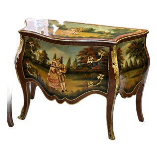 Hand-Painted French Rococo Bombe Commode With Romantic Landscape Artwork, Gold Leaf Details & Hardwood Construction For Sale