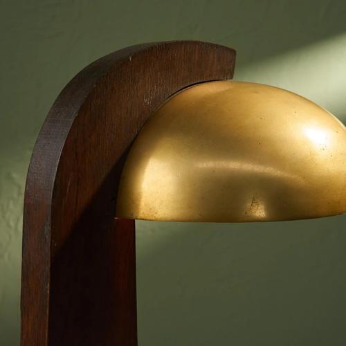 Brown Modernist Table Lamp with Oak Base and Brass Shade, France For Sale - Image 8 of 9