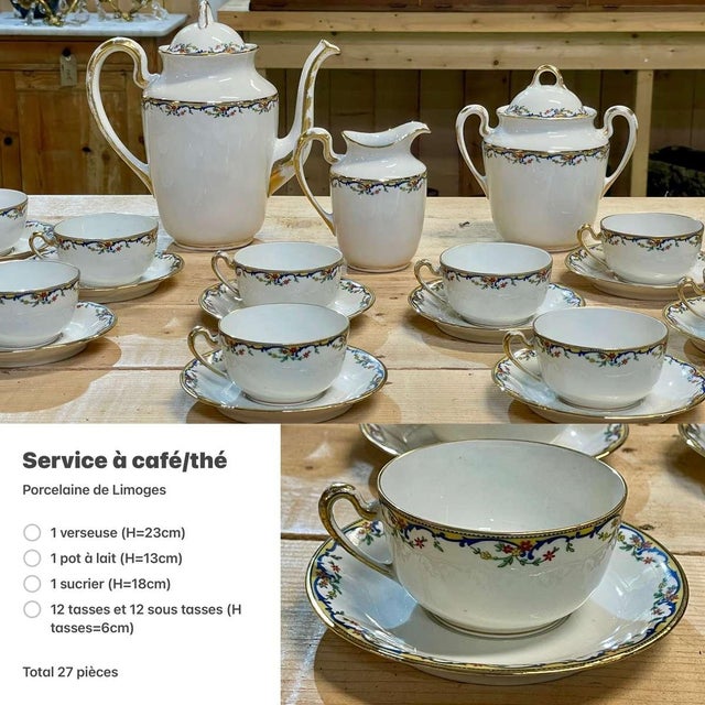 Porcelain Coffee and Tea Service from Limoges, 1930s, Set of 27 For Sale - Image 10 of 12