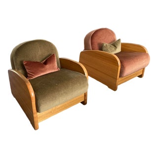 Pair of Vintage Solid Butcher Block Oak and Mohair Lounge Chairs For Sale