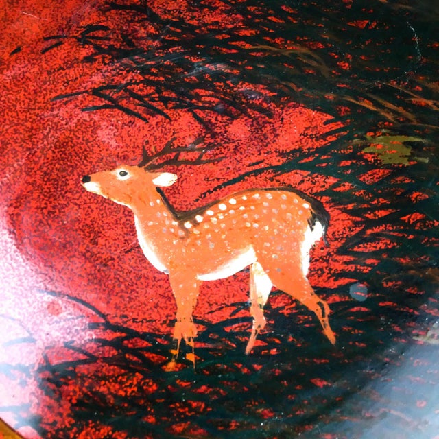 1920s Hand Turned Large Round Vintage Solid Wood Deer Painted Tray For Sale - Image 5 of 13