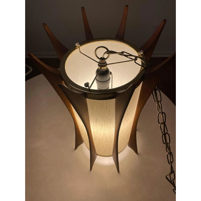 Mid-Century Modern Teak & Brass Swag Pendant Lamp in the Style of Adrian Pearsall For Sale - Image 13 of 13