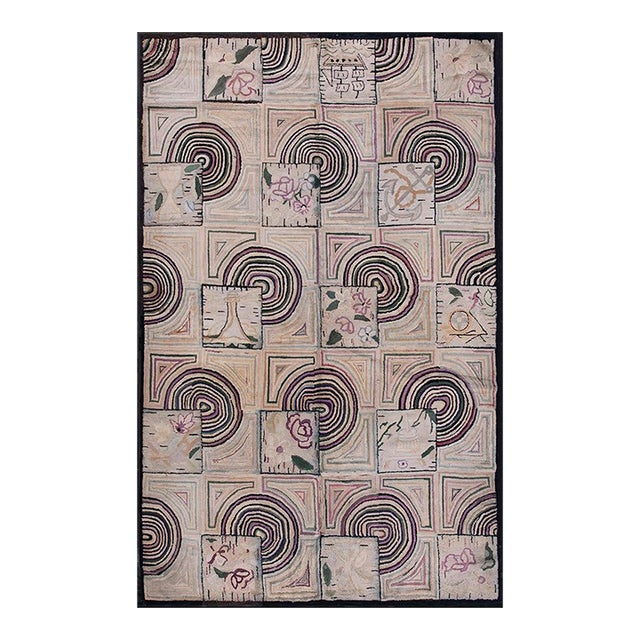 Nice Tan-Beige Background With Prominent Circles Black Geometric Design Antique American Hooked Rug For Sale