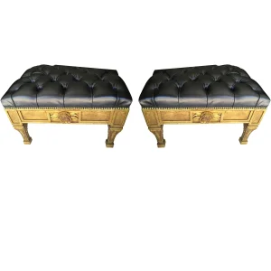 Gold Leaf Leather Benches - A Pair