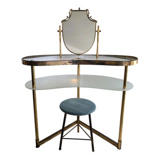 Vintage Italian Polka Dot-Etched Glass and Gilt Brass Illuminated Vanity by Luigi Brusotti, 1950s For Sale