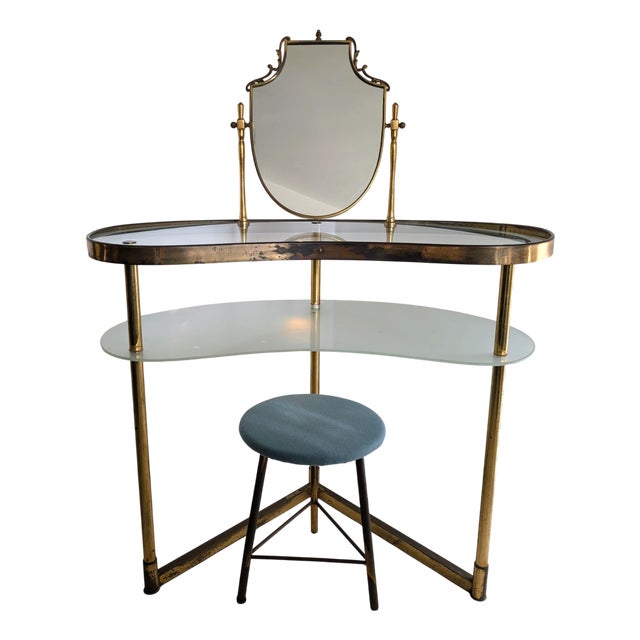 Vintage Italian Polka Dot-Etched Glass and Gilt Brass Illuminated Vanity by Luigi Brusotti, 1950s For Sale
