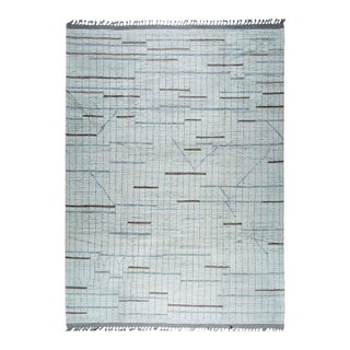 9x13 Ivory Hand-Knotted Wool Laddered Line Motif Tribal Modern Carpet Rug For Sale