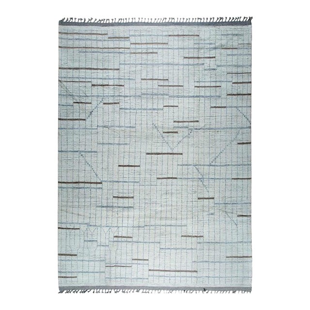 9x13 Ivory Hand-Knotted Wool Laddered Line Motif Tribal Modern Carpet Rug For Sale