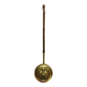 18th Century Brass Bedpan With Original Dark Oak Wooden Turned Steel
