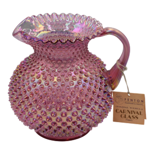 Vintage Fenton Hobnail Pink Opalescent Carnival Glass Art Crimped Top Water Pitcher