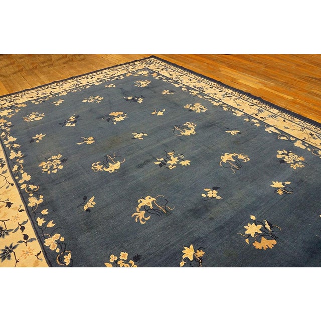 Royal Blue 1900s Blue Traditional Floral Deco Antique Peking Chinese Knotted Wool Rug For Sale - Image 8 of 10
