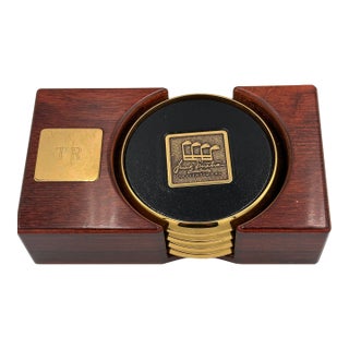 1980s Frank Sinatra Celebrity Golf Invitational Leather & Brass Coaster Set For Sale