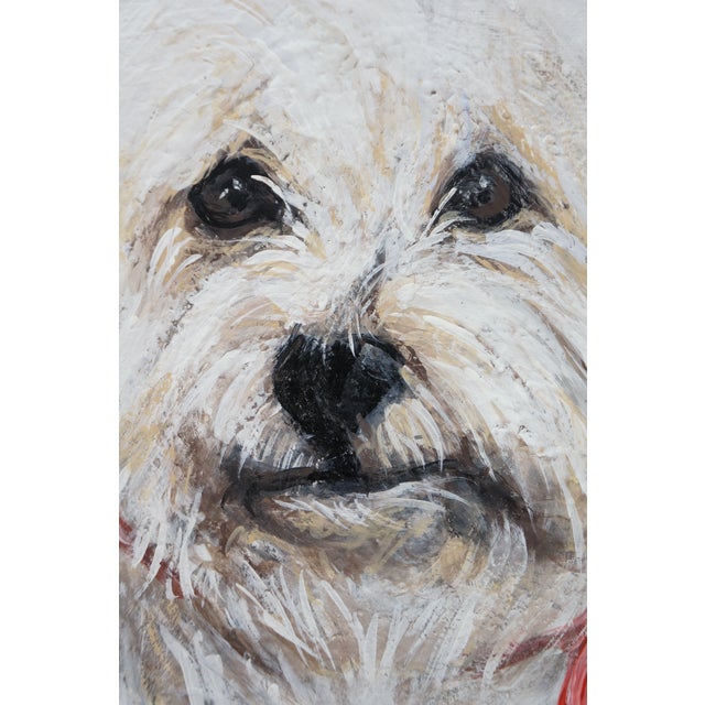 Vintage Maltese White Dog Portrait Oil Painting on Canvas For Sale - Image 10 of 10