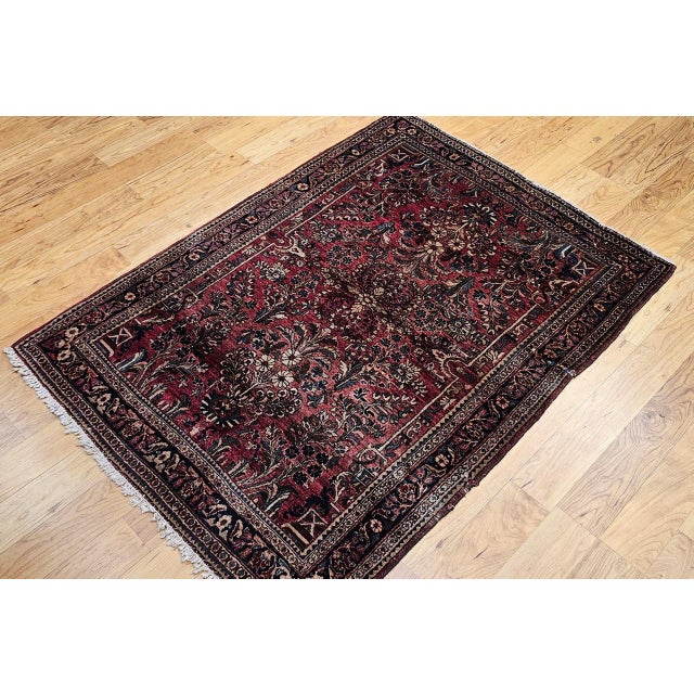 Textile Antique Persian Sarouk Area Rug, Hand-Knotted Wool, Allover Floral Pattern, 3x5, Red & Navy For Sale - Image 7 of 16