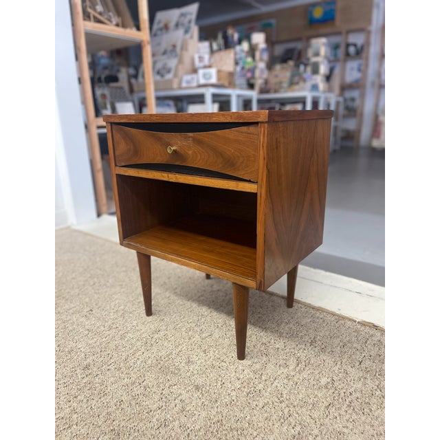 Mid-Century Modern 1970s Mid-Century Modern Possibly Walnut Nightstand With Curved Drawer Front, Open Shelf, and Tapered Legs For Sale - Image 3 of 9