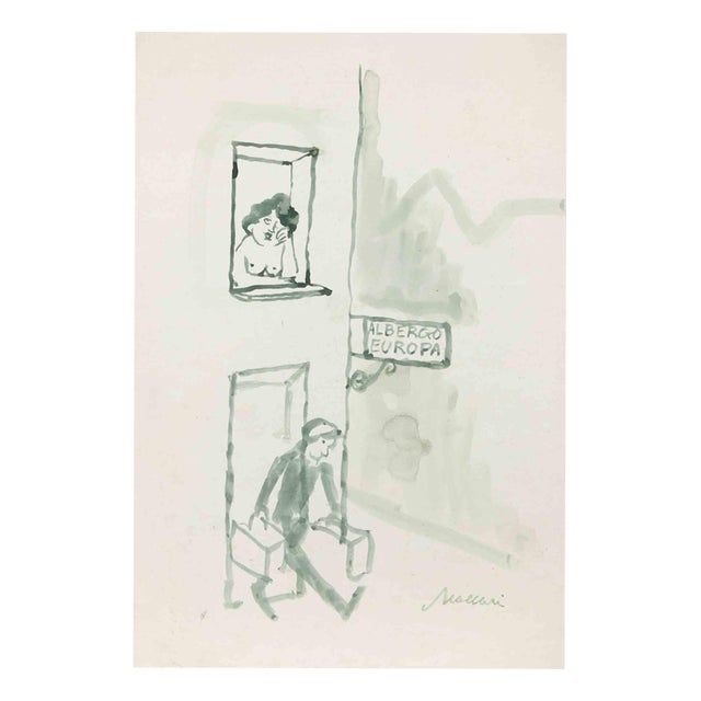 Mino Maccari, Albergo Europa, 1950s, Watercolor For Sale