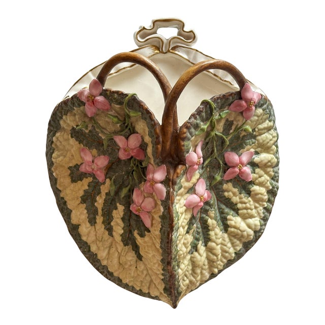 19th Century Majolica Leaf Wall Pocket – Pink Blossoms & Branch Handles – Relief Molded Continental Pottery, George Jones Style For Sale