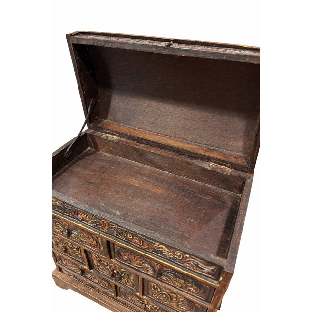 Wood Vintage Late 20th Century Hand-Carved Wood Jewelry Chest – Old World Spanish Revival Style For Sale - Image 7 of 10