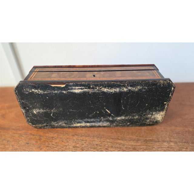 Antique Victorian Jewelry Box Blue Porcelain Landscape Inlay Mother of Pearl Marquetry Wood Trinket Casket For Sale - Image 12 of 14