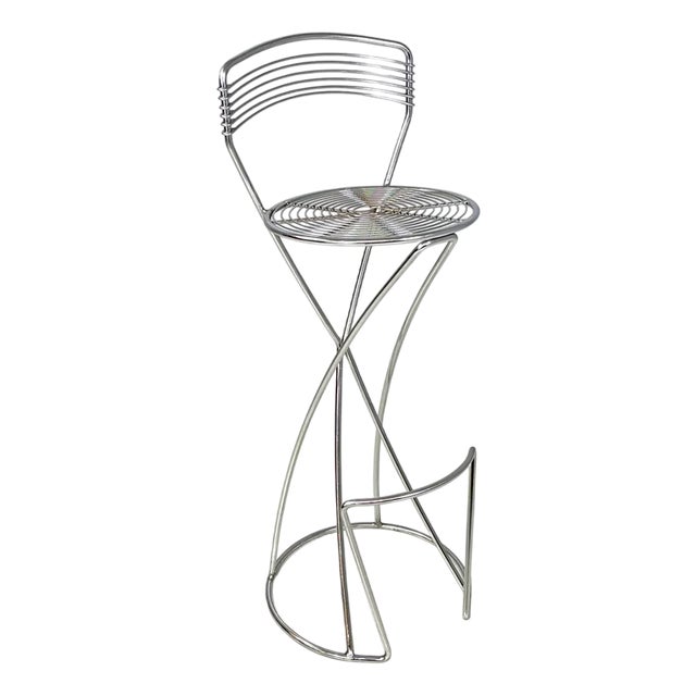 Postmodern Italian Chromed Metal Round Base Stool with Footrest For Sale