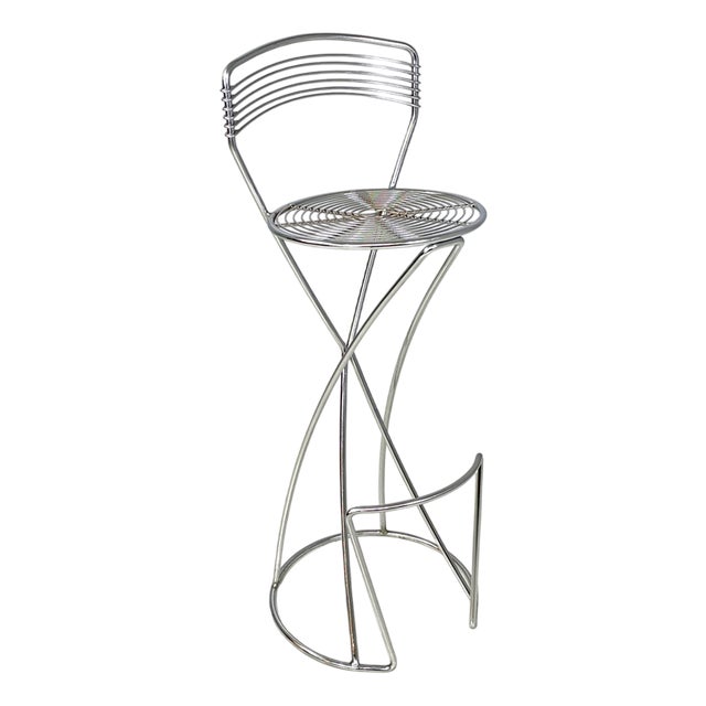 Set of Postmodern Italian Chromed Metal Round Base Stool with Ottoman For Sale