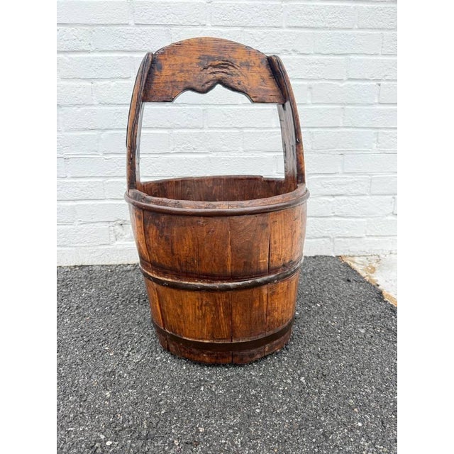 Brown Antique Farmhouse Rustic Style Solid Wood Bucket With Arched Handle For Sale - Image 8 of 15